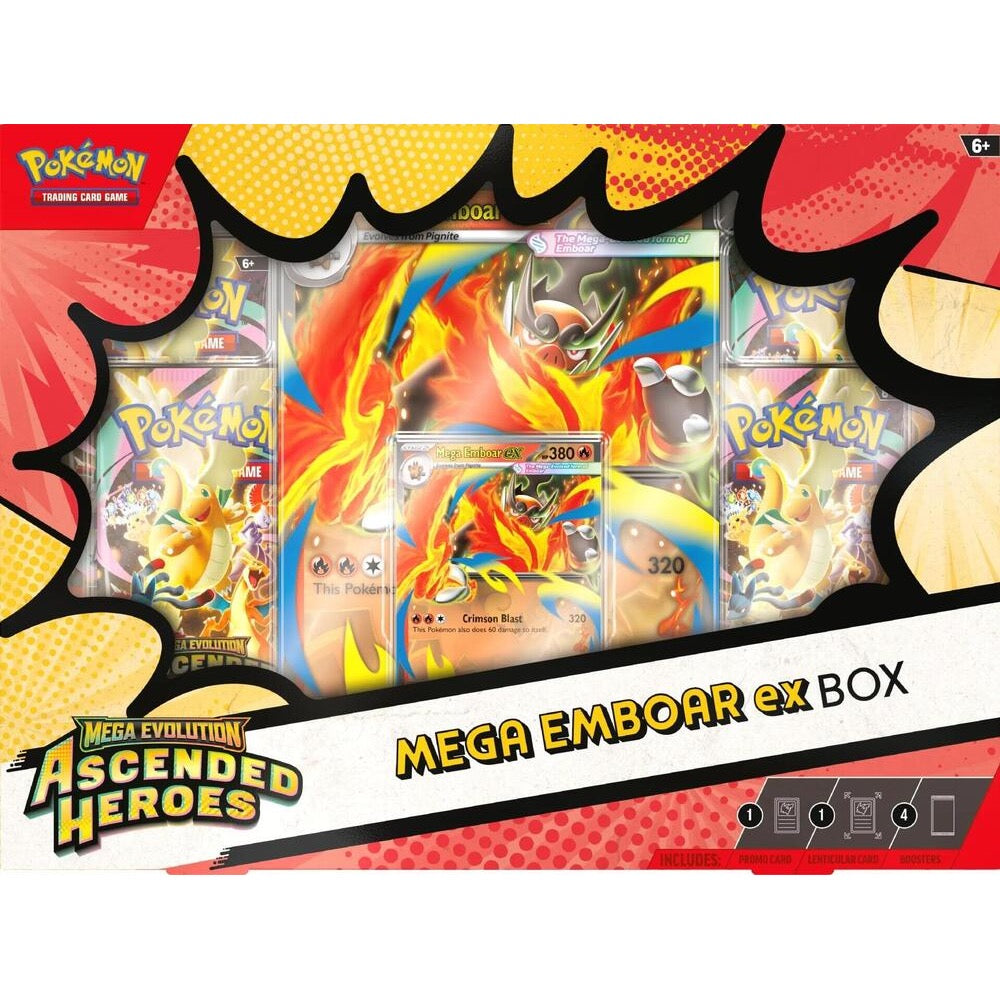 Pokémon TCG Mega Evolution Ascended Heroes Mega Emboar ex Box featuring foil and oversize lenticular promo cards