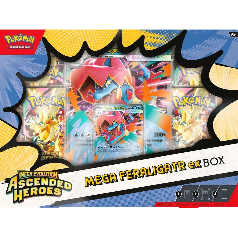 Pokémon TCG Mega Evolution Ascended Heroes Mega Feraligatr ex Box featuring foil and oversize lenticular promo cards