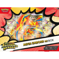Pokémon TCG Mega Evolution Ascended Heroes Mega Emboar ex Box featuring foil and oversize lenticular promo cards
